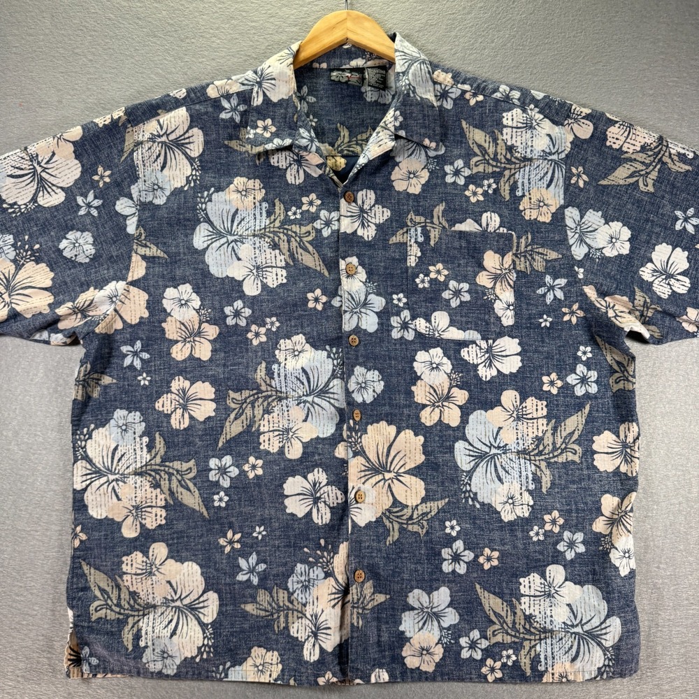 Vintage Ocean Pacific Sport Hawaiian Button Up Shirt Mens 2XL‎ Blue Floral Beach